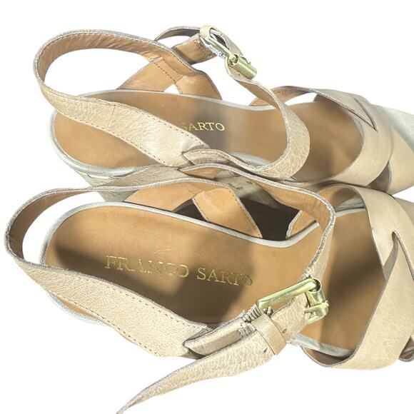 Franco Sarto Beige Leather Wedge Sandals 8.5M Strappy Cork Heel Summer Shoes - Picture 8 of 11